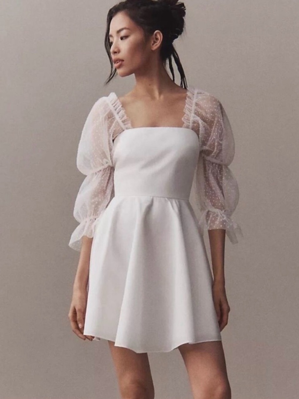 Amanda Uprichard White Square-Neck Mini Dress with Sheer Puff Sleeves